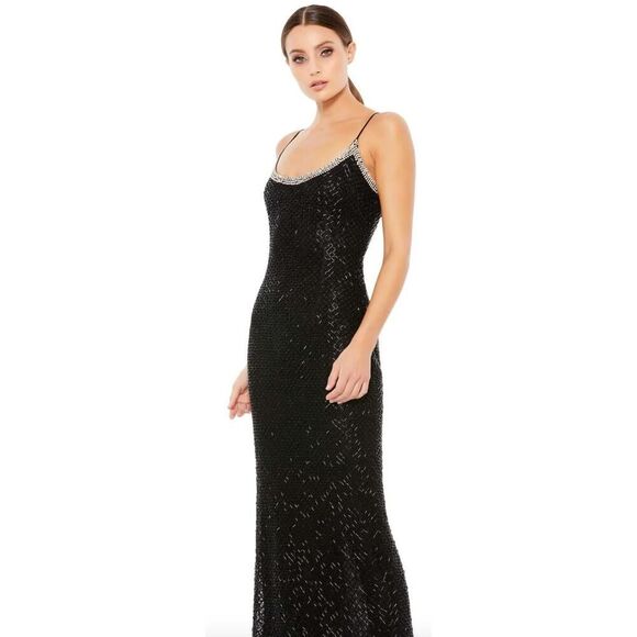 Mac Duggal Black Beaded Spaghetti Strap Column Gown - Size 4 - NWT - Picture 1 of 6